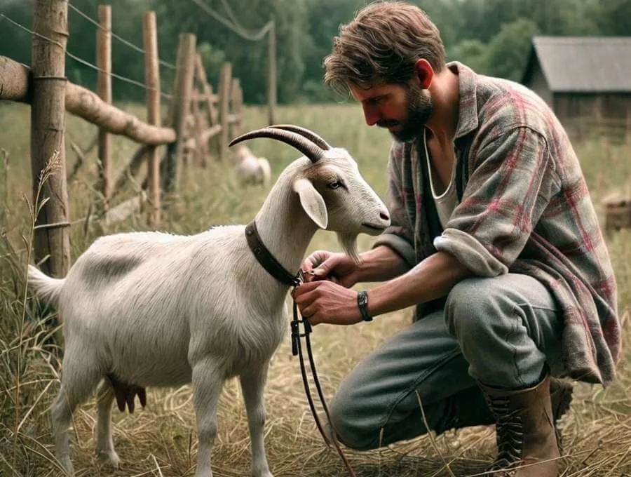 Man attaches collar on goat