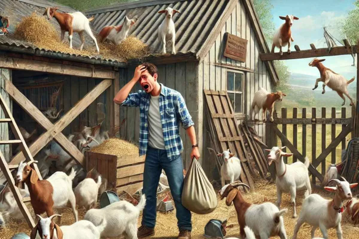 Many unruly goats and a man in despair